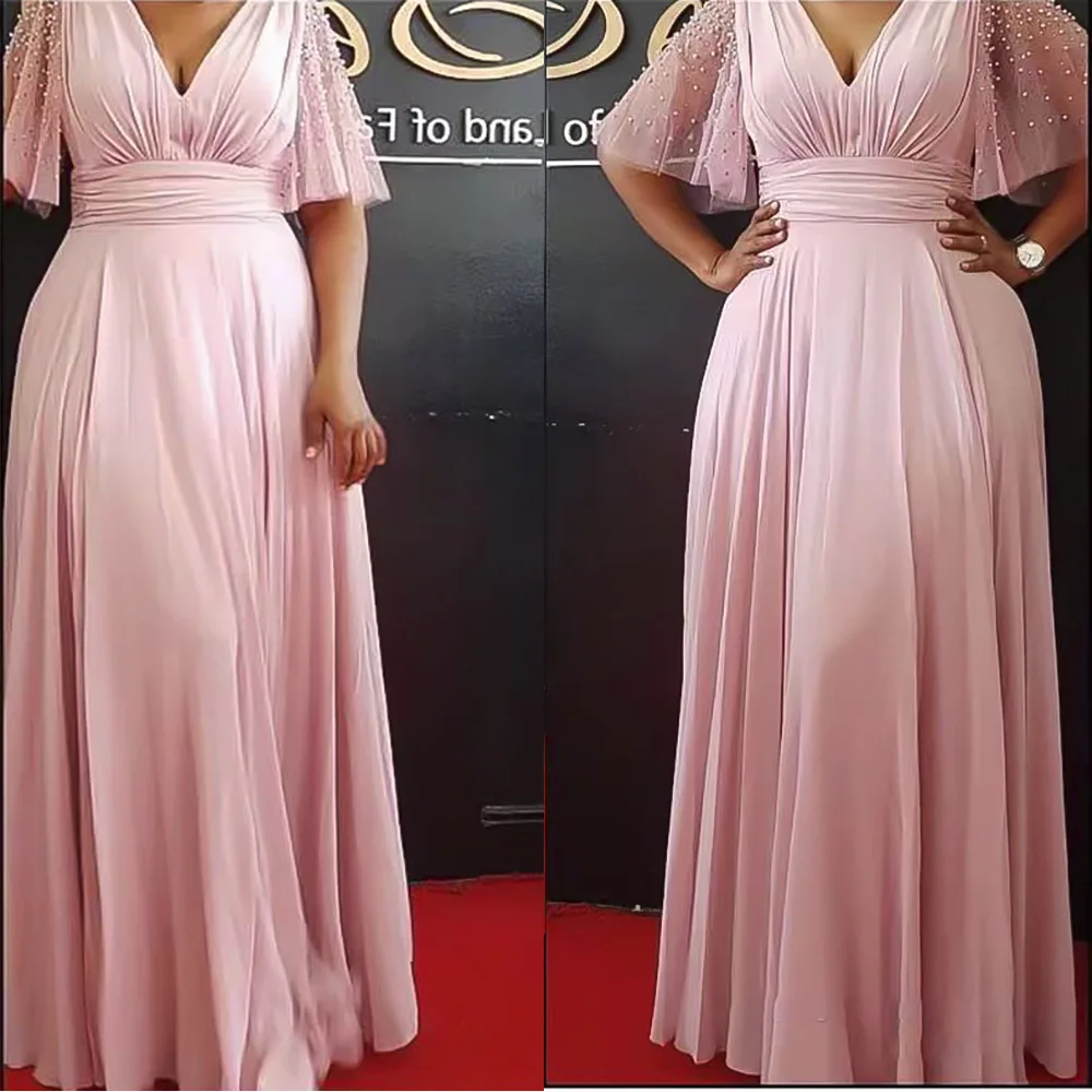 

Elegant Solid Color Sexy V-Neck Dress Beaded Mesh Dress Banquet Party Evening Dresses Spring Summer 2022 New Africa Middle East