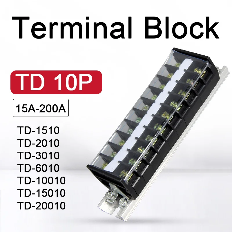 

Dual Row Strip Screw Terminal Block 10P 600V 15/20/30/60/100/150/200A Fixed Wiring Board Wire Connector TD-1510 2010 6010 20010