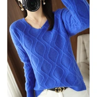 autumn and winter new wool v neck diamond hollow loose knitted womens slim all match pullover long sleeved bottoming shirt