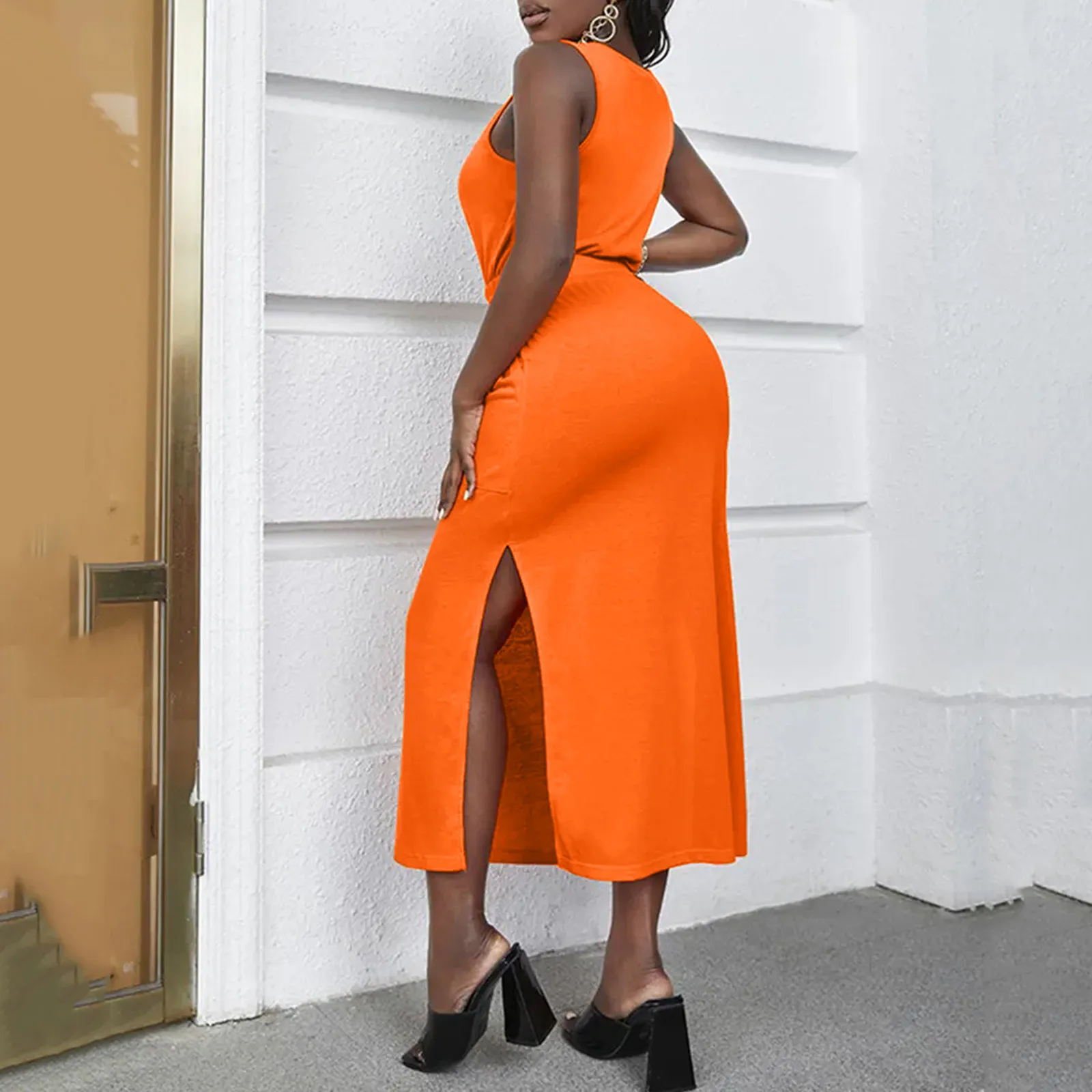 

Женское повседневное облегающее платье, длинное однотонное платье без рукавов с открытыми плечами и разрезом на Подоле с принтом, повседне...