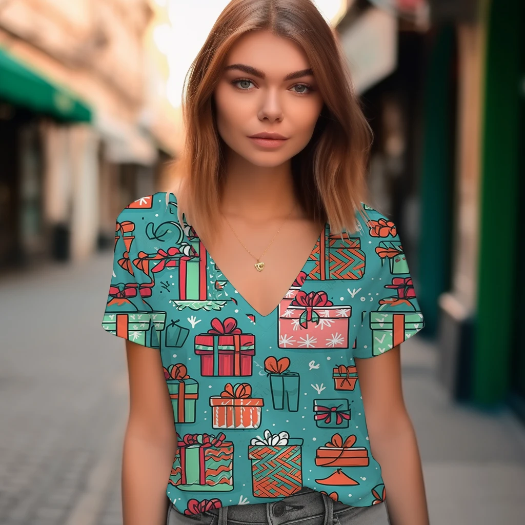 

Women's Outdoor Shopping Fashion T-shirt Simple V-neck T-shirt Summer Loose Casual T-shirt Cartoon Gift Box 3D Printed T-shirt