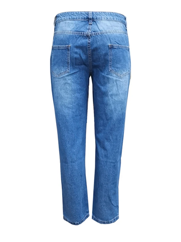 Women streetwear loose cowgirl trousers button zipper hip-hop retro high-waisted straight jeans denim ripped color matching