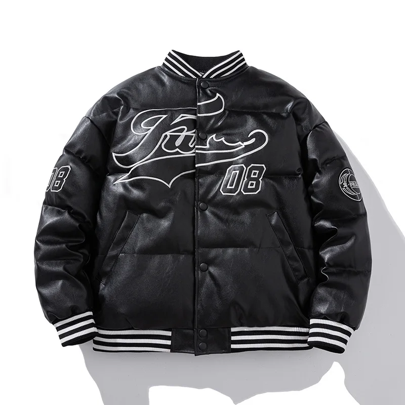 

Autumn Winter Warm Leather Jacket Men High Street Fashion Baseball Jacket Letter Printed Windbreaker Padded Coat Male Outerwear