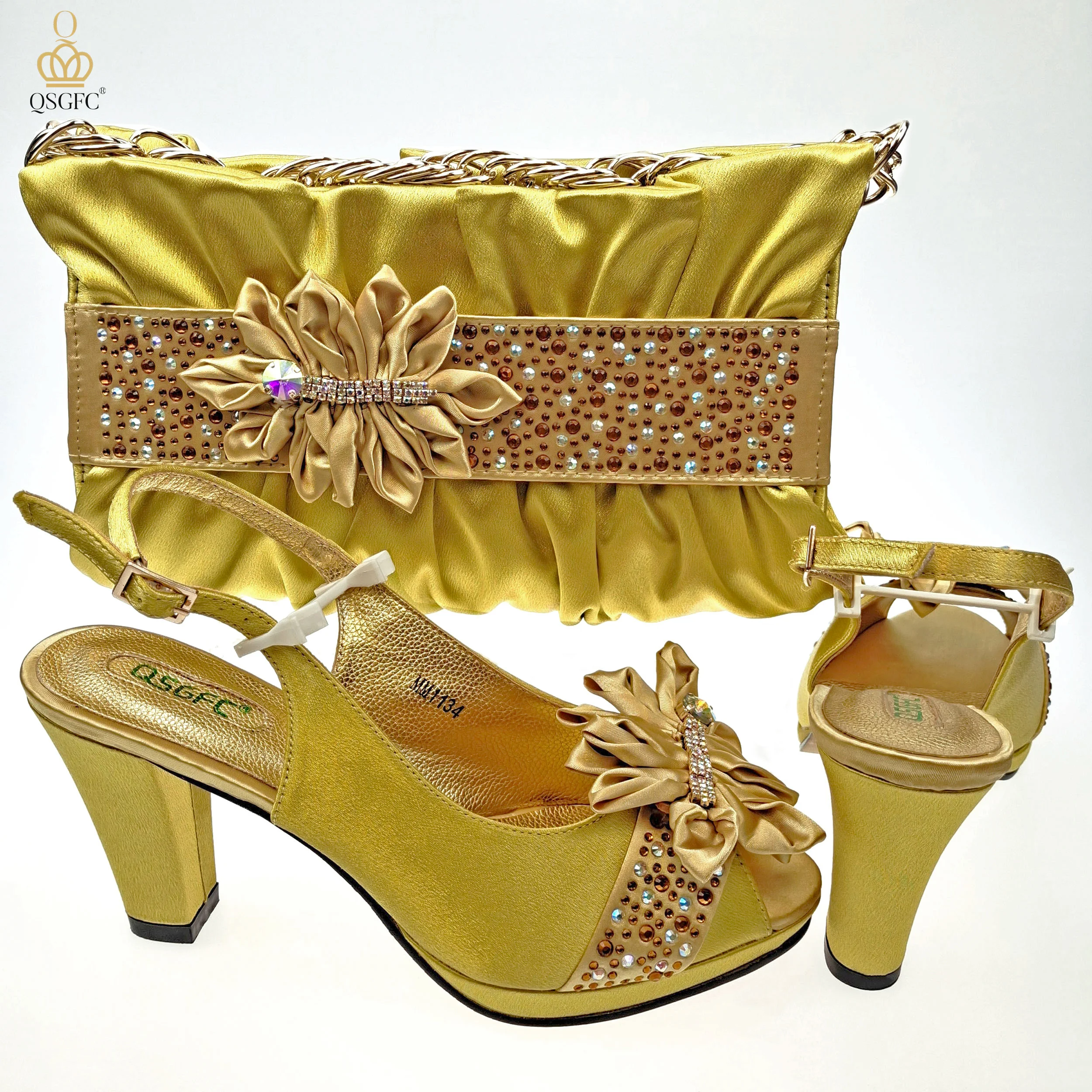

QSGFC Latest Atmospheric Yellow Color Peep Toe Decorated With Rhinestones Banquet Women's Shoes And Bag Set