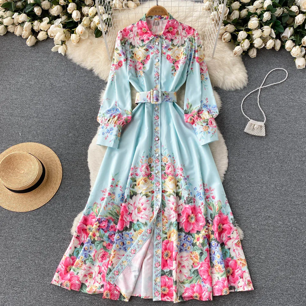 

2022 spring and summer new polo collar waist holiday style printed slim A-line single-breasted large swing loose dress