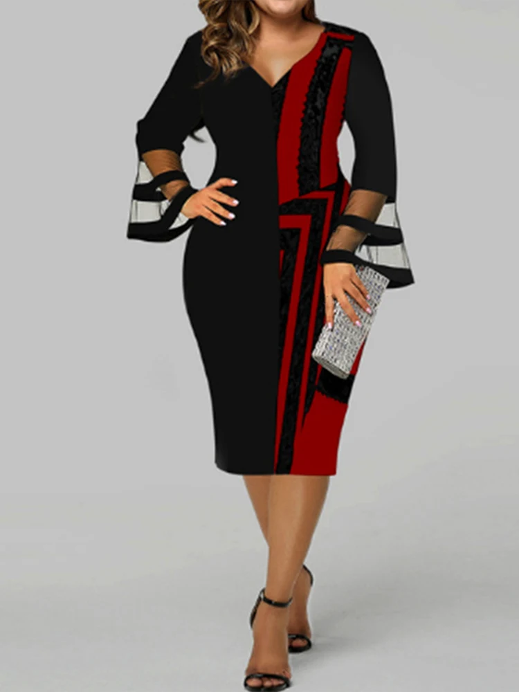 

Plus Size 5xl Sheath Dress Women Digital Print Splicing Big Hip Skirt Party Dresses Elegant Evening Outfits Office Lady Workwear