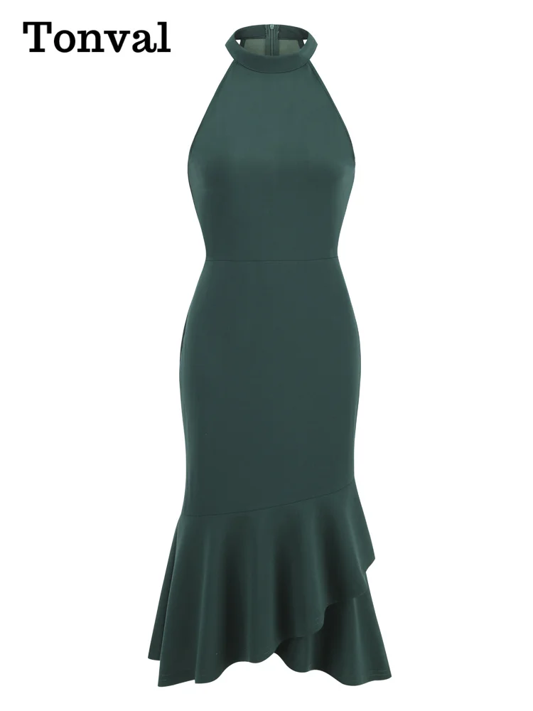 

Женское длинное платье-Русалка Tonval, зеленое однотонное облегающее платье с лямкой на шее, официальное платье