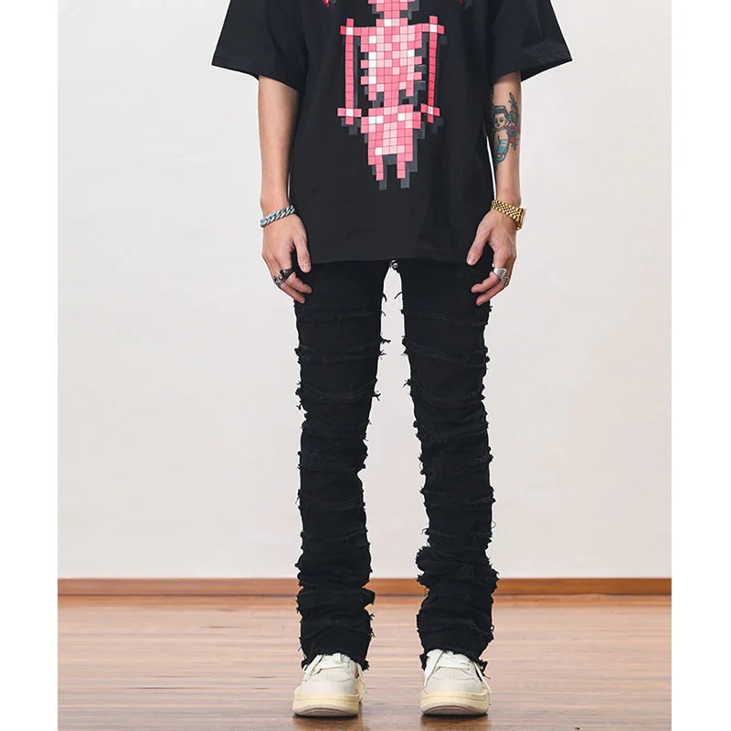 2023 American High Street Erosion Damaged Fur Vintage Jeans Men's Youth Trendy Straight Slender Slim Micro Pants Streetwear