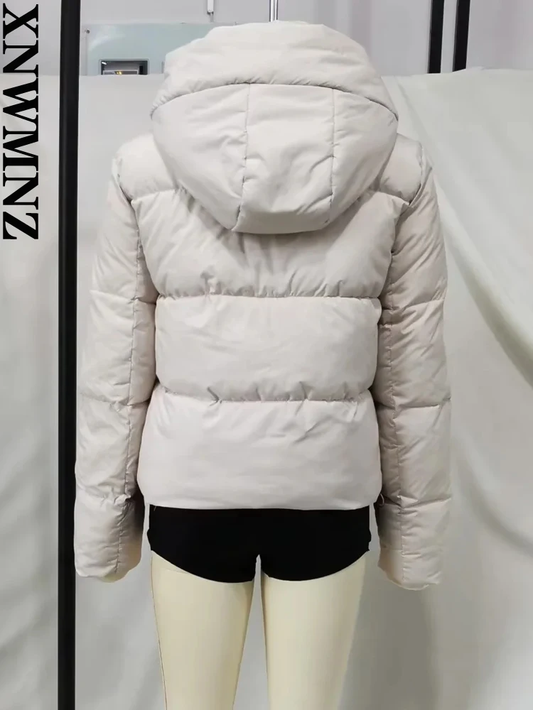 XNWMNZ Women Fashion Hooded Thick Warm Padded Parkas Coat Vintage High Neck Front Zip Female Outerwear Chic Tops