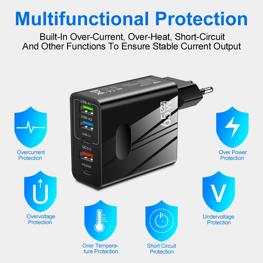 65W Fast Charging 3USB 2PD Quick Charger For Xiaomi iPhone 14 13 Pro Samsung Huawei Mobile Phone Dual Ports Wall Power Adapter