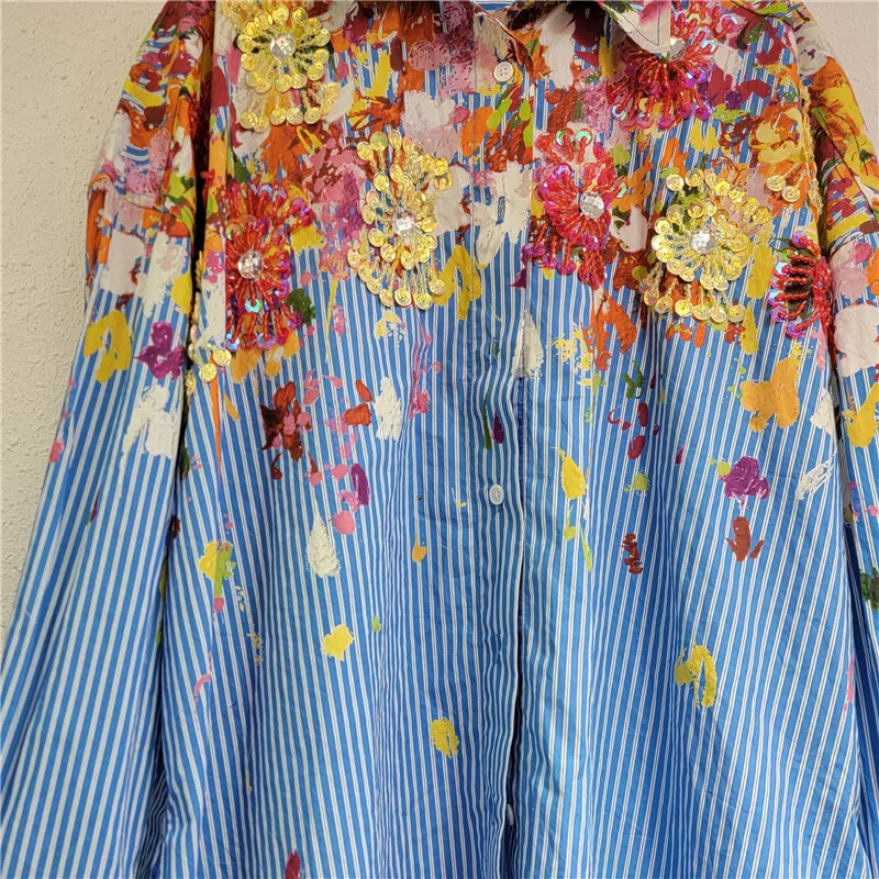 DEAT женская рубашка свободная однобортная блузка в полоску с принтом и блестками