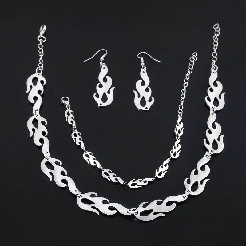 

New Domineering Men's Flame Stainless Steel Necklace European and American Punk Dark Rock Ladies Bracelet Earrings Jewelry Set