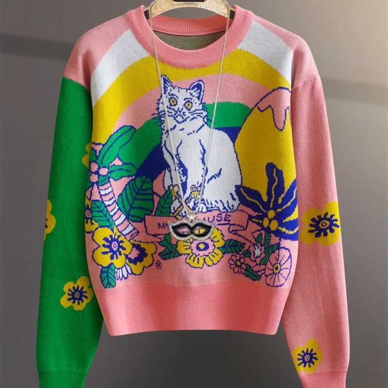 

Winter Animal Cat Vintage Embroidery Sweaters Elegant Women High Street Long Sleeve Pullover Y2k Clothes Korean Harajuku Kawaii