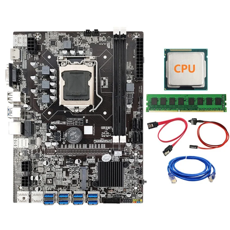 

B75 ETH Mining Motherboard 8XPCIE To USB LGA1155+DDR3 4GB 1600Mhz+SATA Cable+RJ45 Network Cable+Switch Cable BTC Miner
