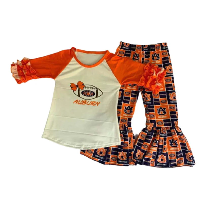 

Popular Kids cute icing ruffle shirt raglan team baby girls bell bottom pants outfits boutique clothing