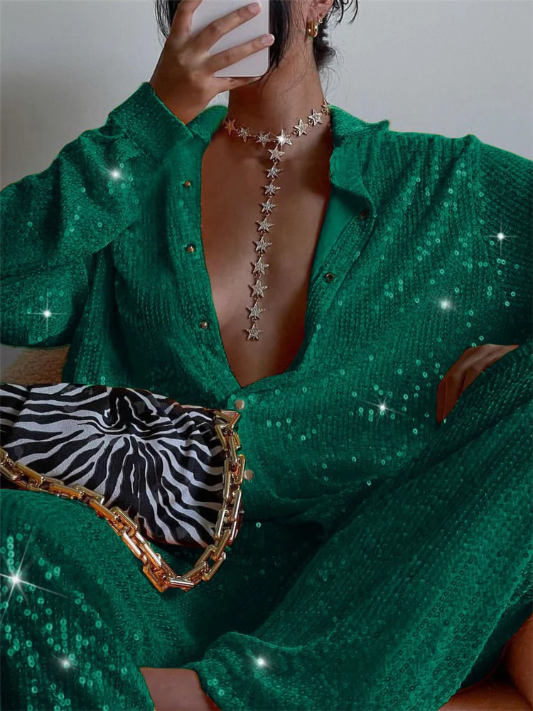 

Smvp Sparkly Two-piece Set Party Outfits For Womens Sequin Top Blouse Shirt And Pants Suit Female Luxury Evening Tracksuit New