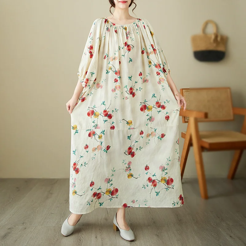 

#3889 летнее пляжное платье с цветочным принтом из хлопка и льна, винтажное платье до щиколотки, свободное пляжное платье с рукавом «летучая мышь», женские пикантные свободные платья