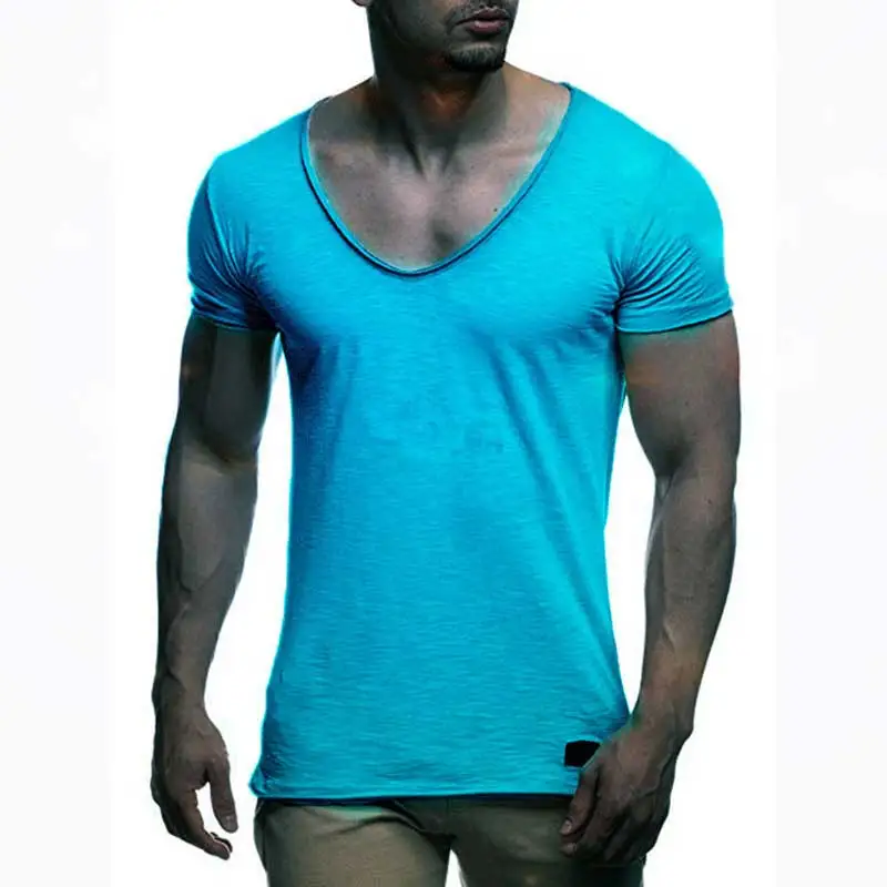 

B8855 New arrival deep V neck short sleeve men t shirt slim fit t-shirt men thin top tee casual summer tshirt camisetas hombre
