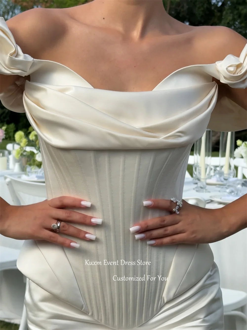 Фото Kuxm Elegant Strapless Mermaid Wedding Dress Off The Shoulder Satin Vestidos De Noiva Backless Long Train Bridal Gown Customized №2