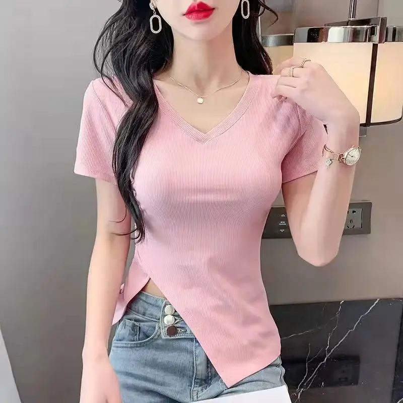 

2023 New Womens T Shirt V Neck Irregular Design Short Women T-shirts Leisure Short Sleeve Woman T-shirt Tops Summer Tees A692