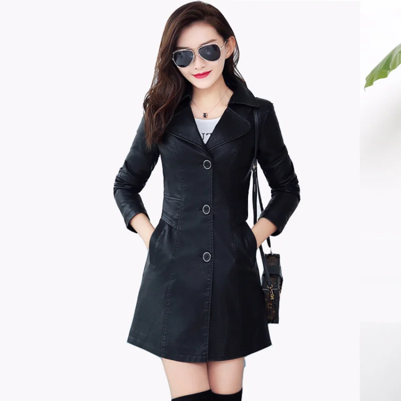 Mid-length Women's Single Breasted Fashion Slim Washed Leather PU Leather Jacket