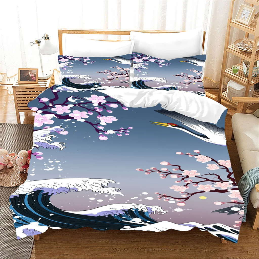 

Japanese Ocean Wave Plum Blossoms 3PCS Queen Twin Full Bedding Sets Single Double Bed Duvet Cover Set and 2 pcs Pillow cover