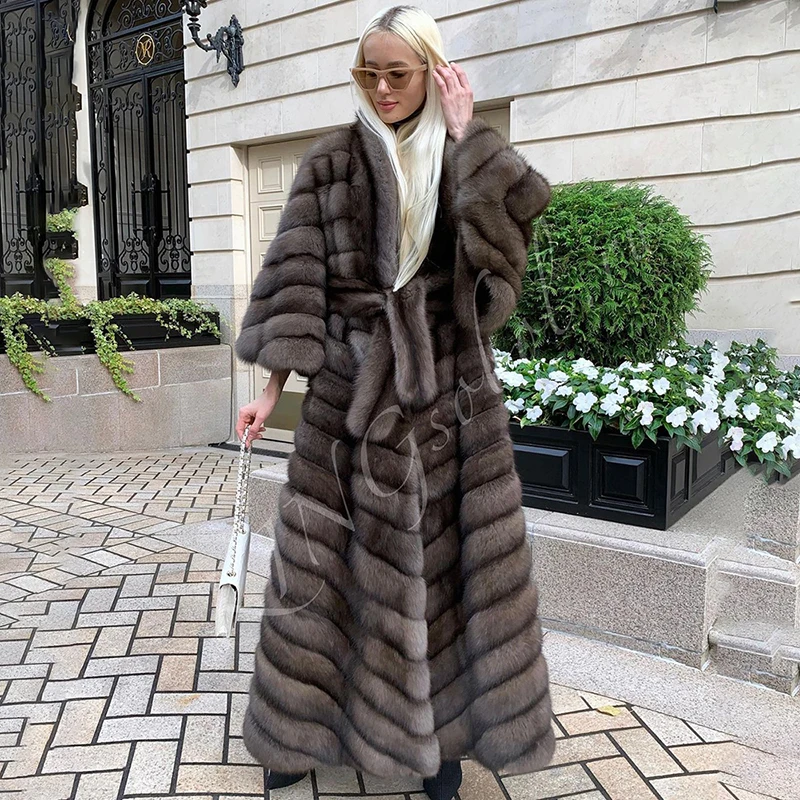 Genuine Grey Fox Fur Overcoat Women Winter Luxury Straight Fashion Loose Lapel Bat Sleeve Natural Real Fur Coat Female