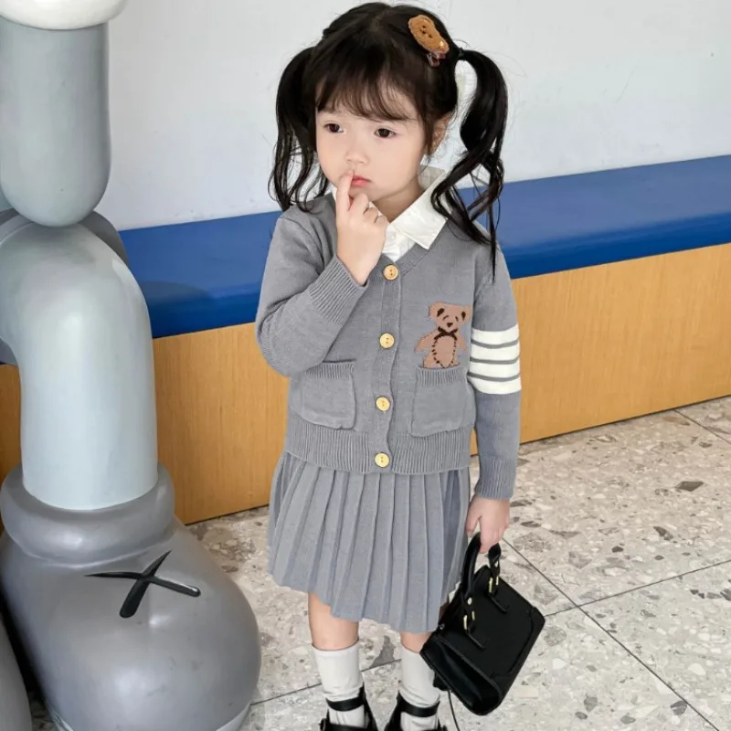 

HoneyCherry Girls Knitting College Style Two Piece Sets Cute Cartoon Cardigan Sweater Set Baby Girl Outfit Set