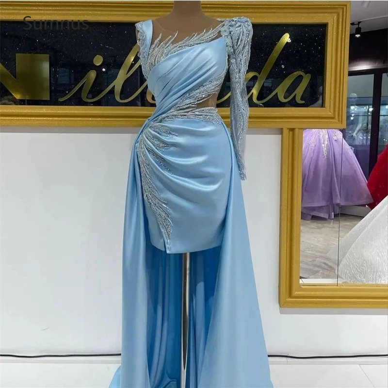 Sumnus Sky Blue Stain Prom Dresses One Shoulder Mermaid Lace Appliques Overskirt Party Grown Robes De Soirée Robes De Soirée