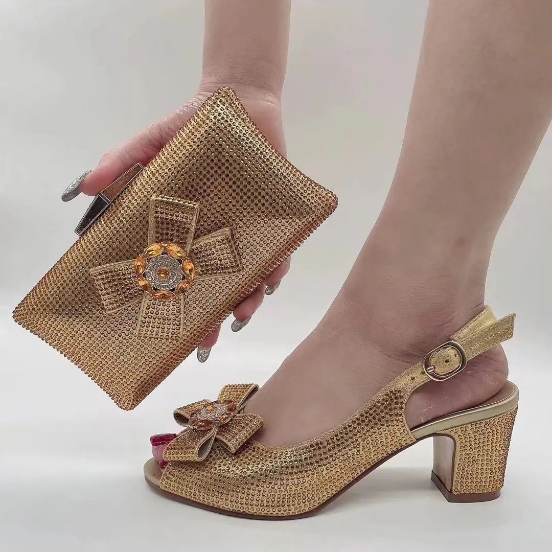 Summer Italian Design Hot Selling and Lastest Luxury Crystal Style Elegant Ladies Shoes and Bag Set in Blue Color for Party