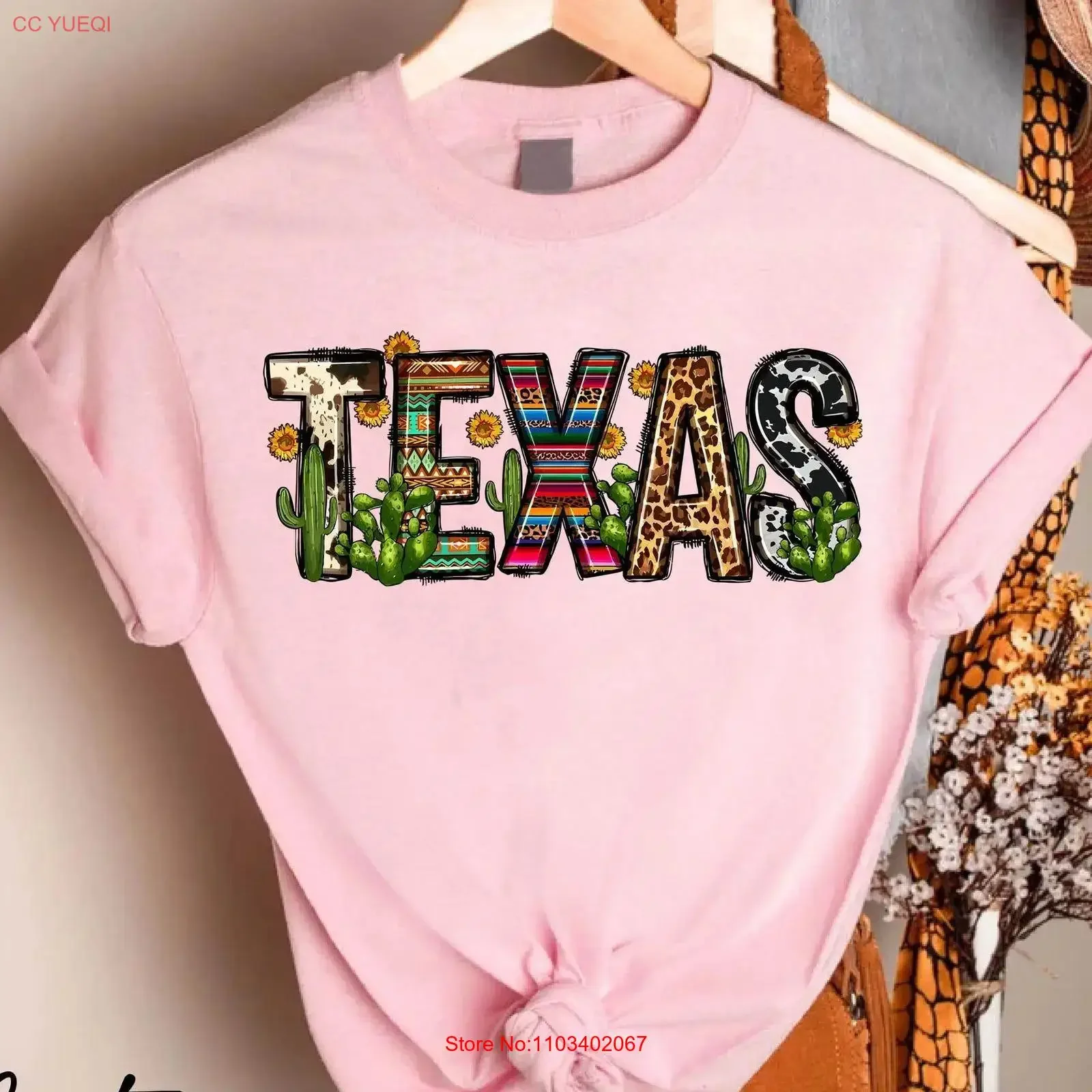 Фото Футболка Texas Cactus для любителей штатов, с леопардовым принтом, для отпуска, путешествий, винтажная, с эффектом потертости, дышащая, унисекс, удобная, универсальная №1