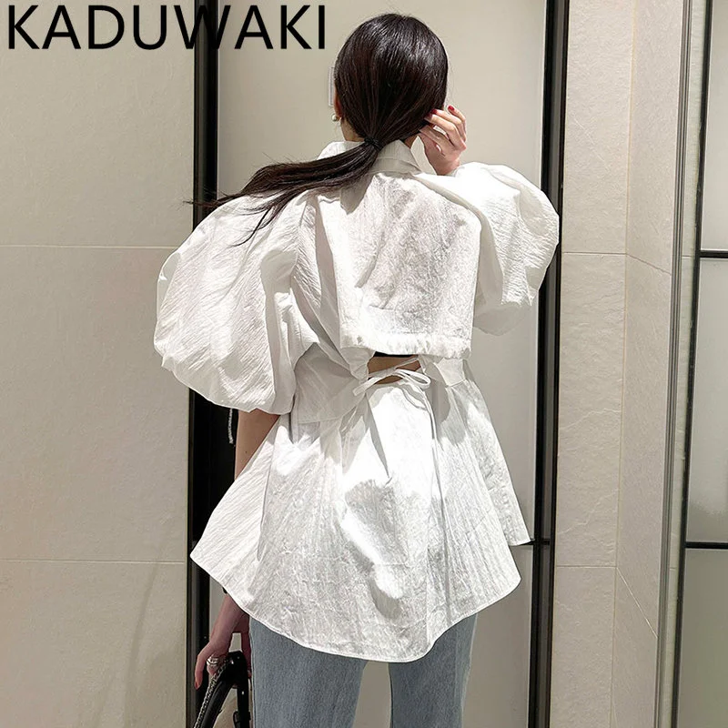 

Turn-Down Collar Drawing rope tie Hollow Out T-shirt Solid short loose lantern sleeve Tops Elegant Single Breasted Blusas Chic