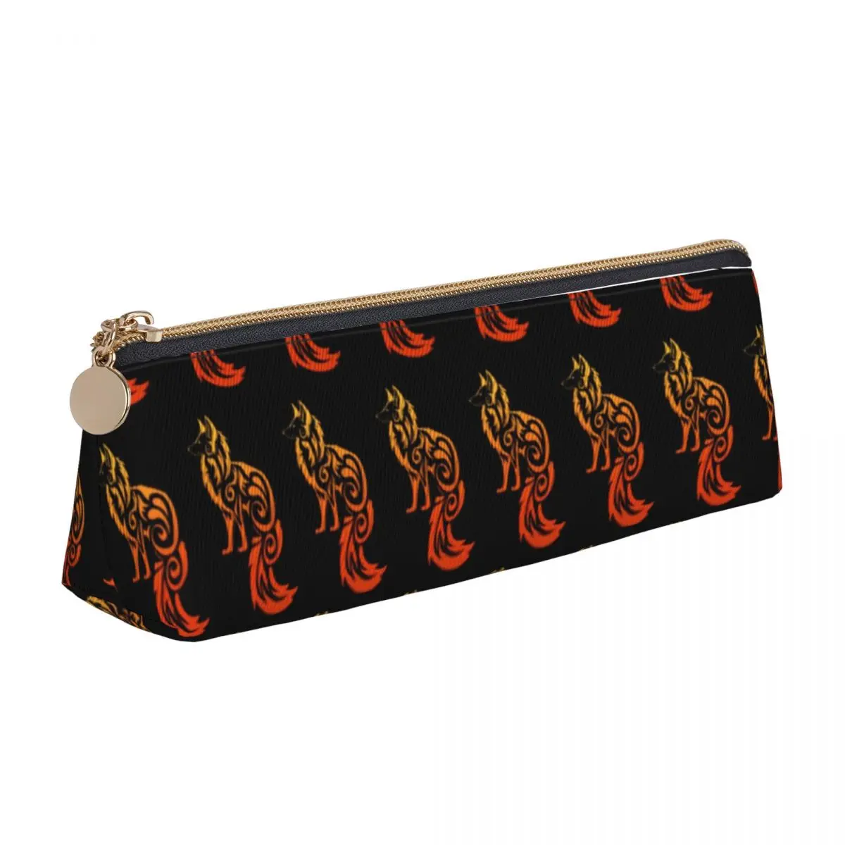 

Red Tribal Fox Triangle Pencil Case Wild Animal Print Teens University Zipper Pencil Box Cool Leather Pen Bags