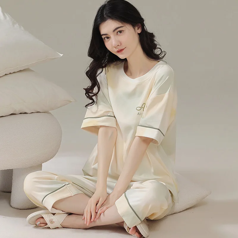 Pajamas Women's Summer Thin Cotton Short-sleeved Large Size Loose Can Be Worn Outside Home Suit Two-piece Breathable Sleepwear