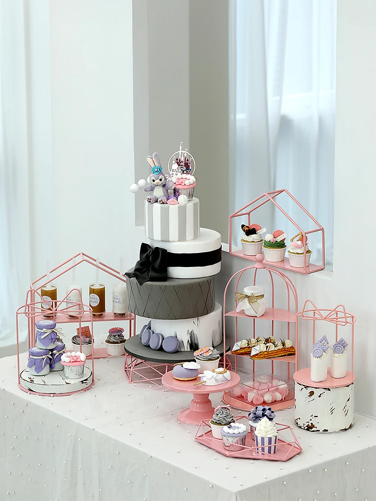 Pink Dessert Stand Geometric Line Cake Stand Props Wedding Celebration Dessert Cake Plate Decoration Ornaments