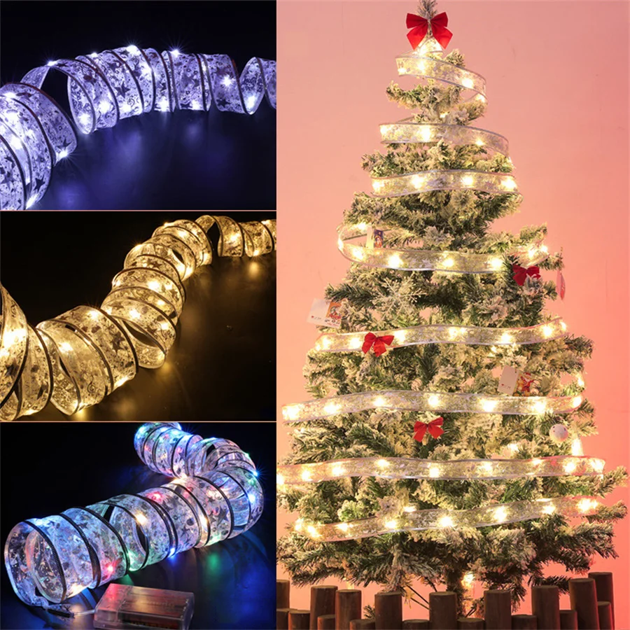 

4M 40 LED Ribbon Fairy Light Garland DIY Christmas Tree Ornaments Decor Lace Bows String Light For Xmas Birthday Gift Box Decor