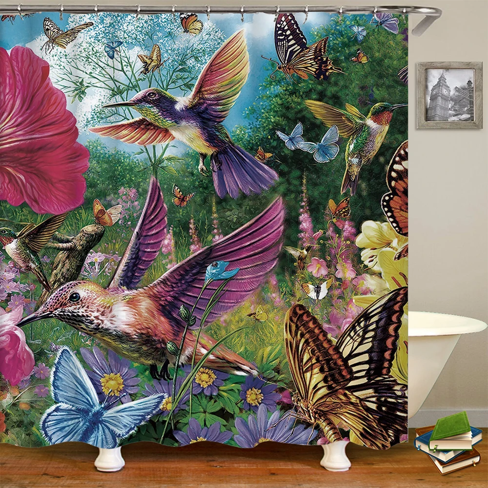 

Tropical Plant Shower Curtain 3D Print Flowers Bird Butterfly Landscape Home Decor Waterproof Fabric Bathroom Bedroom Curtains