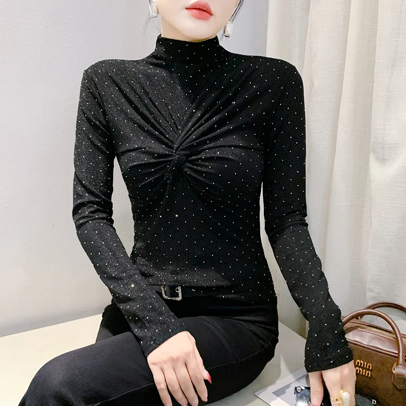 Черный корейский стиль осень зима футболка шикарный сексуальный водолазка