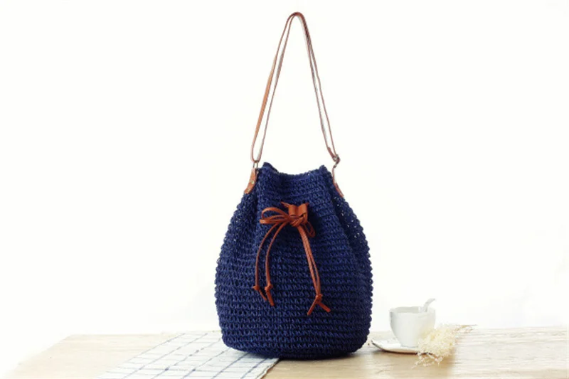 2023 New Women Handmade Straw Shoulder Bags Beach Bucket Bags Summer String Bags 2 Colors Drop Shipping