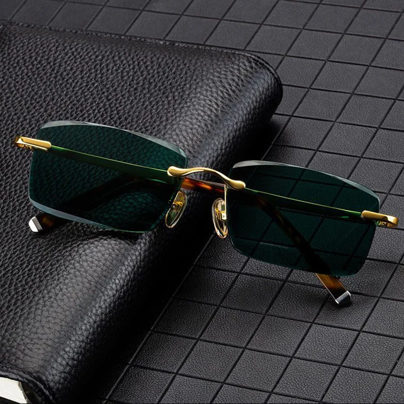 

Green Rimless Glass Sunglasses Man Luxury Natural Crystal Stone Lens Sun Glasses Acetate Vintage Goggles UV400 Top Quality