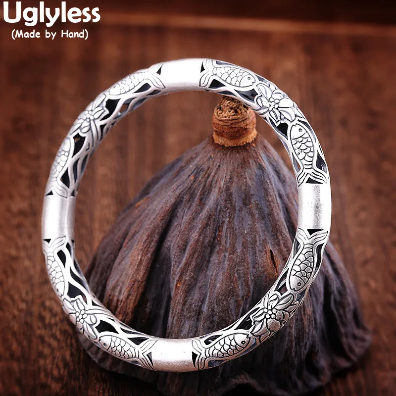 

Uglyless China Chic Handmade Carp Lotus Bangles for Women Vintage Thai Silver 925 Silver 8.5MM Thick Hollow Bangle Retro Jewelry
