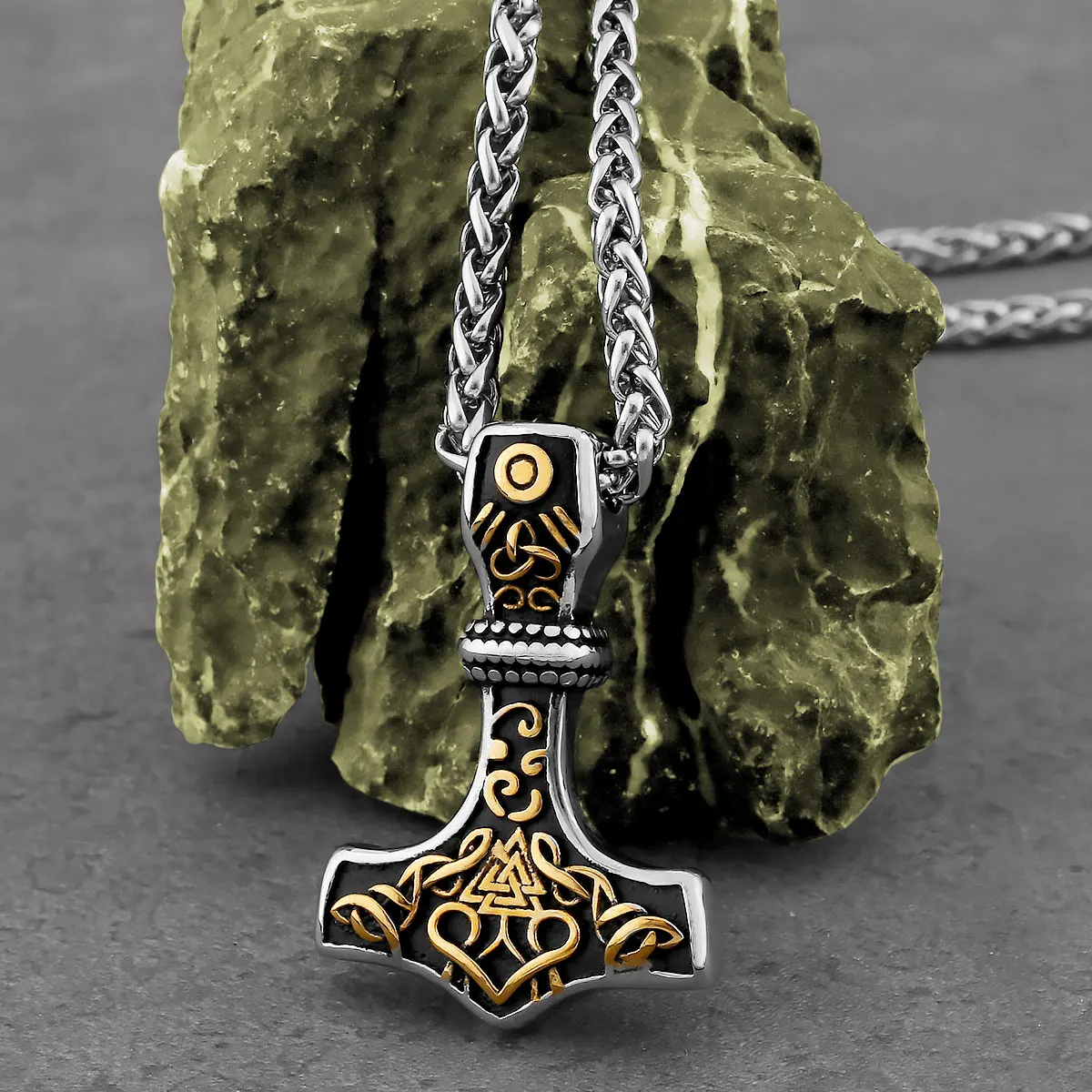 

Fashion Viking Thor's Hammer Necklace Stainless Steel Men's Valknut Odin Symbol Pendant Necklace Celtic Knot Amulet Jewelry Gift