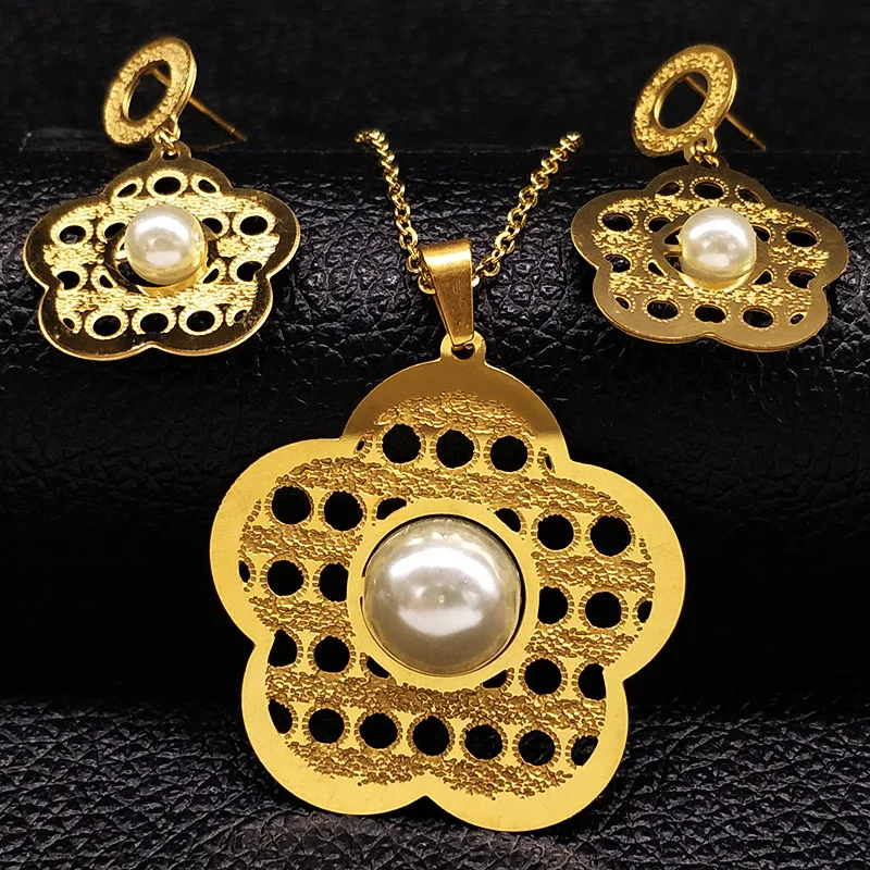 

Fashion Gold Color Flower Stainless Steel Jewelry Sets for Women Earrings Necklace Set Jewelry set de joyas S178228S07