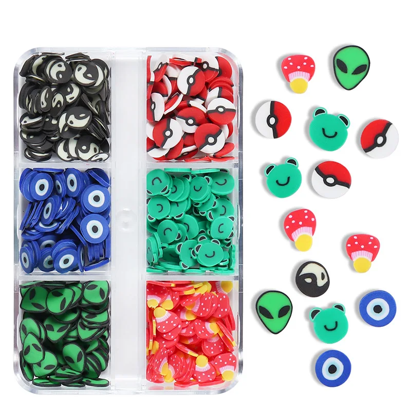 

6 Grid Boxed Epoxy DIY Frog Mushroom Blue Eyes Soft Pottery Resin Jewelry DIY Filled Soft Pottery Rhinstones for Nails