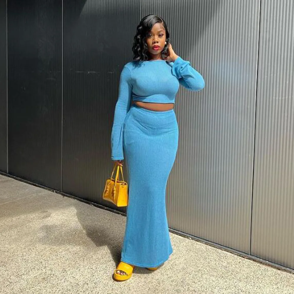 

Трикотажный зимний женский костюм 2023 Y2K, модные укороченные топы с длинным рукавом и длинная юбка с разрезом, комплекты из двух предметов