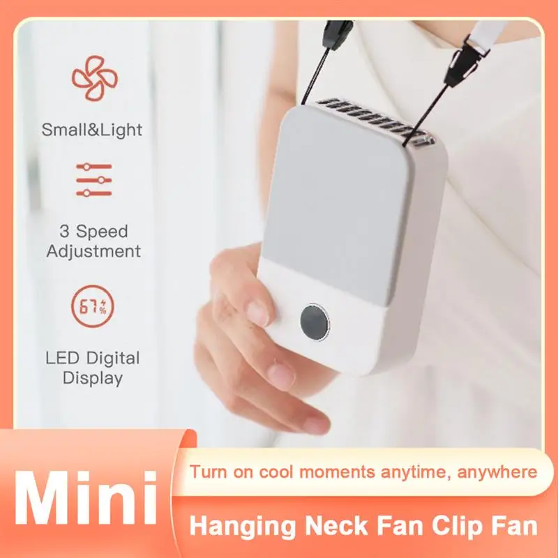 

Portable Lazy Digital Hanging Neck Fan USB Rechargeable Hands Free 3 Wind Speed Personal Fan With Lanyard Folding Bracket
