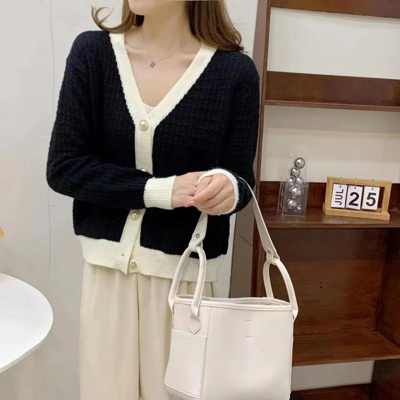 

Short Loose Soft Sweater Coat for Women Contrast Color Classic Style Cardigan Mujer Spring Autumn New Knitted Cardigan Women
