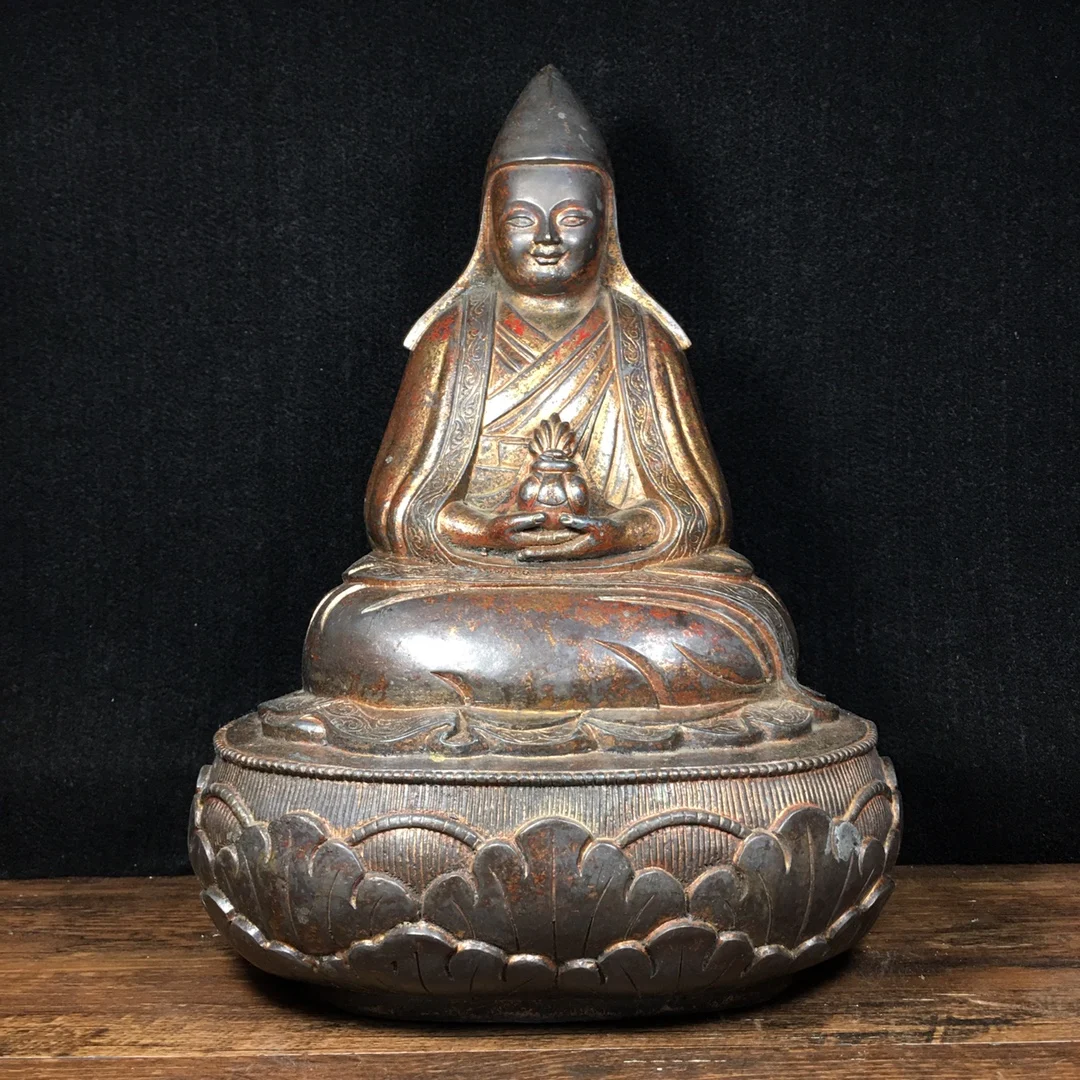 

13"Tibetan Temple Collection Old Bronze Cinnabar Lacquer Northern Wei Buddha Tsongkhapa Lotus Terrace Sitting Buddha Ornaments