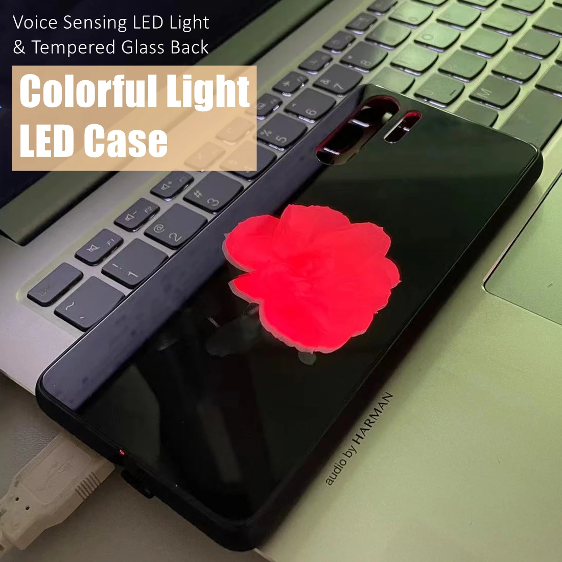 

Camellia Colorful LED Light Glow Luminous Tempered Glass Phone Case for Huawei P30 P40 P50 P60 Mate 30 40 50 Nova 9 10 Pro Plus