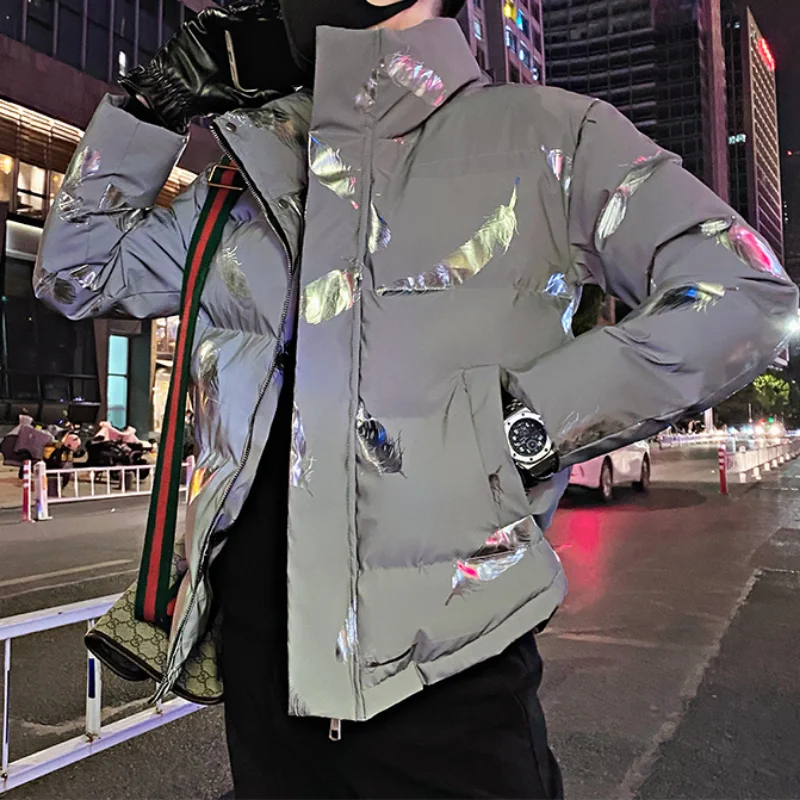 2022 Winter Reflective Print Men Puffer Parkas Thickened Warm Jackets Hiphop Overcoat Casual Social Windproof Coat Men Clothing